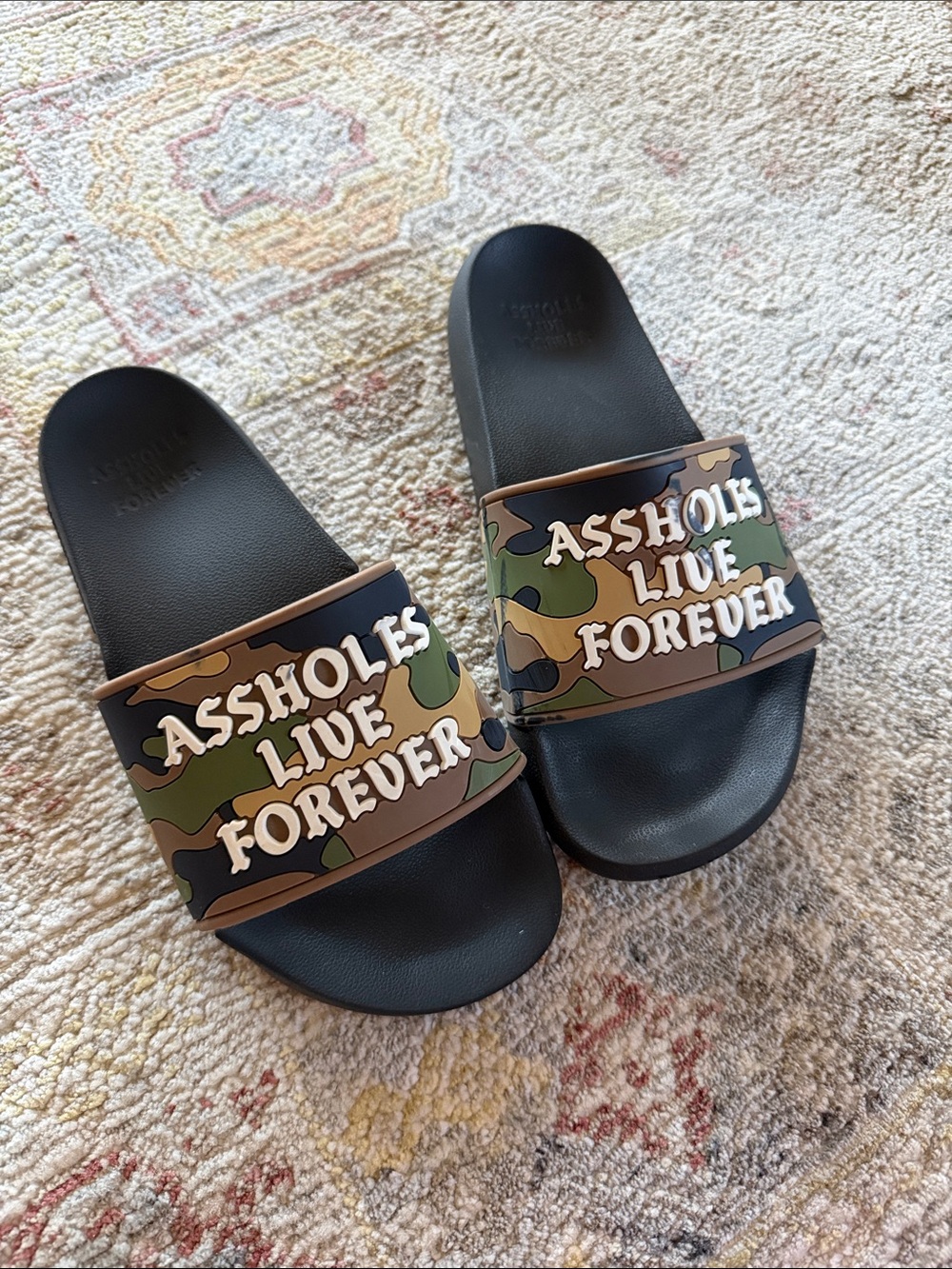 Black Camo Slide Sandals with Slogan